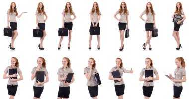 Genç ve güzel çalışan beyaz izole evrak çantası ile