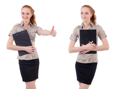 Genç ve güzel çalışan beyaz izole evrak çantası ile