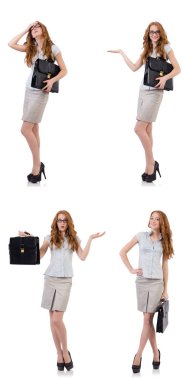 Genç ve güzel çalışan beyaz izole evrak çantası ile