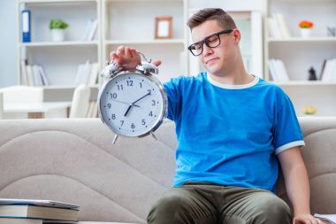 Sınavlara hazırlanan genç öğrenci kanepede ders çalışıyor.