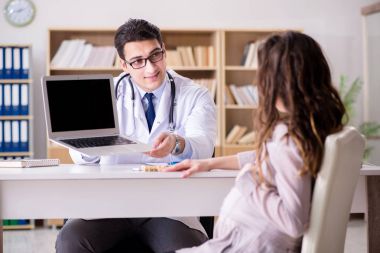 Hamile kadın muayene için doktoru ziyaret ediyor.