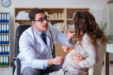 Hamile kadın muayene için doktoru ziyaret ediyor.