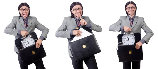 Young businessman in gray suit holding briefcase isolated on whi — Stock Photo, Image