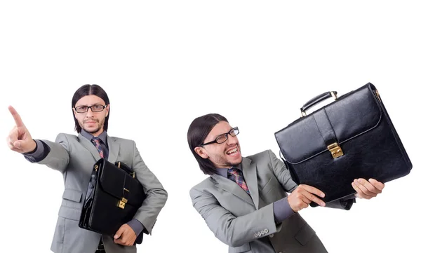 Whi の分離されたブリーフケースを保持しているグレーのスーツの青年実業家 — ストック写真