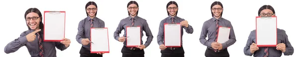 Jeune homme d'affaires avec du papier isolé sur blanc — Photo