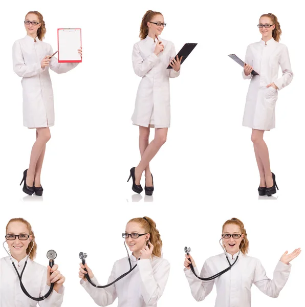 Linda doctora sosteniendo diario aislado en blanco —  Fotos de Stock