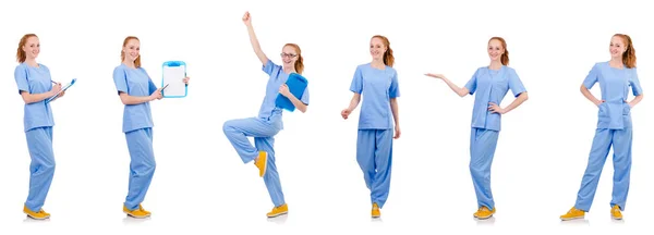 Αρκετά χορεύοντας γιατρός σε μπλε στολή με έγγραφα που απομονώνονται — Φωτογραφία Αρχείου