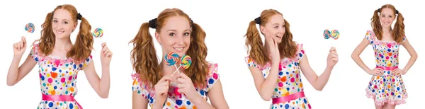 Rousse jeune fille avec lolipops isolé sur blanc — Photo