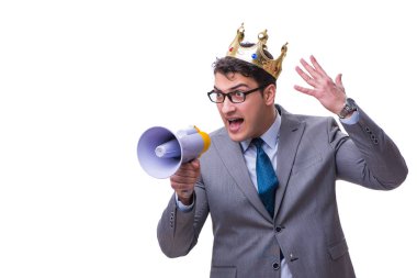 Beyaz arka plan üzerinde izole bir megafon ile Kral işadamı