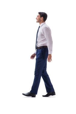 İşadamı yürüme ayakta yan görüntülemek izole üzerinde beyaz backgro