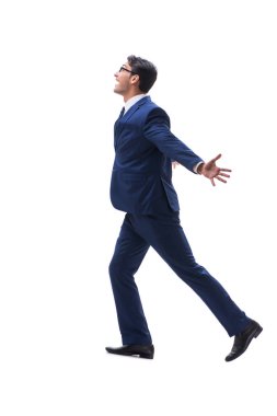 İşadamı yürüme ayakta yan görüntülemek izole üzerinde beyaz backgro