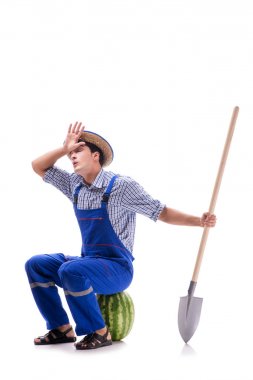 Beyaz izole karpuz ile genç çiftçi