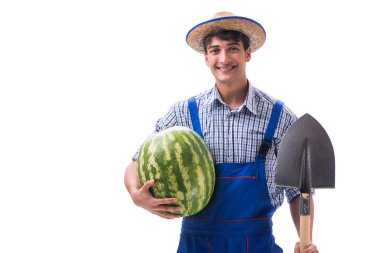 Beyaz izole karpuz ile genç çiftçi