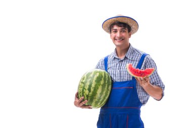 Beyaz izole karpuz ile genç çiftçi