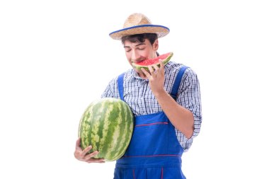 Beyaz izole karpuz ile genç çiftçi
