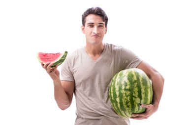 Karpuzlu genç adam beyazda izole edilmiş.