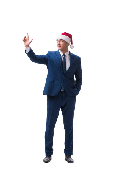 Joven hombre de negocios con sombrero de santa en el concepto de Navidad en blanco —  Fotos de Stock