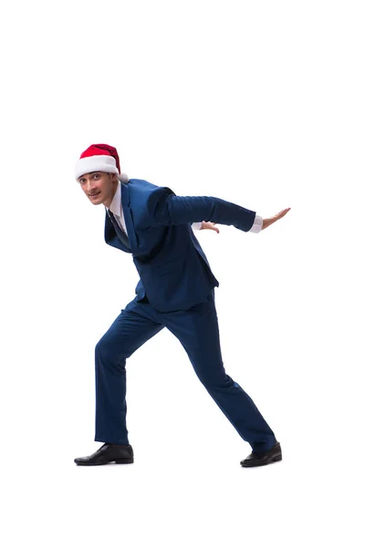 Genç busnessman Noel kavramı üzerinde beyaz Noel Baba şapkası giyiyor — Stok fotoğraf