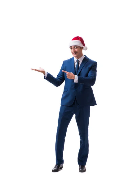 Jovem empresário vestindo chapéu de Papai Noel no conceito de Natal em branco — Fotografia de Stock