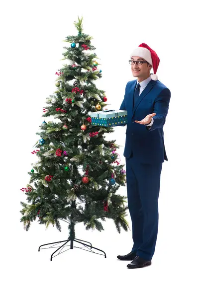 Zakenman versieren kerstboom geïsoleerd op wit — Stockfoto