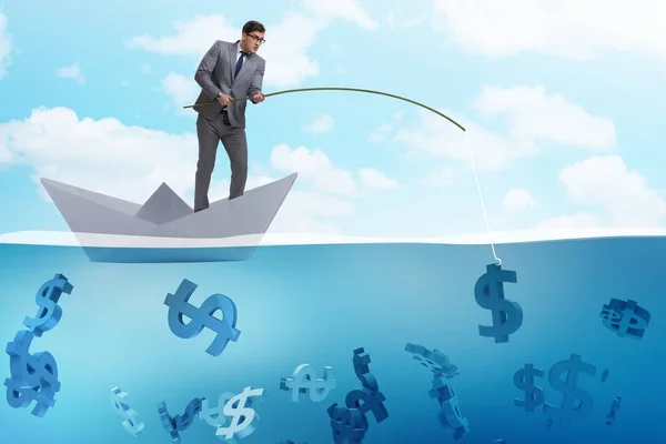 Affärsman fiske dollar pengar från papper båt fartyg — Stockfoto