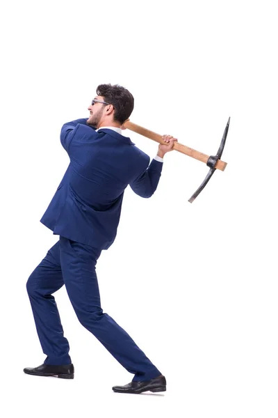 Joven hombre de negocios con hacha aislada en blanco — Foto de Stock