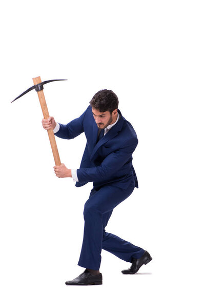 Young businessman with axe isolated on white