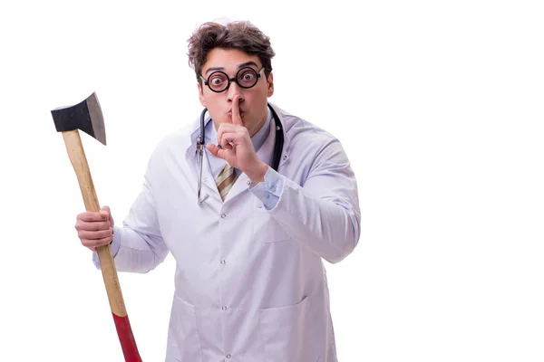 Zabawny lekarz z siekierą odizolowany na białym — Zdjęcie stockowe