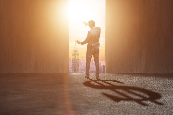 Businessman casting dollar shape shadow in business concept