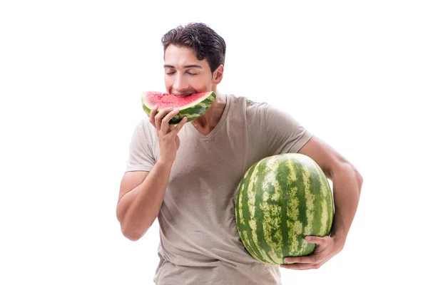 Young man with watermelon isolated on white — Stock Photo, Image