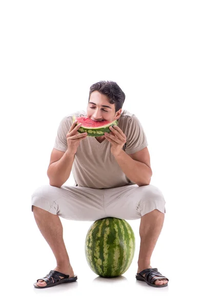 Young man with watermelon isolated on white — Stock Photo, Image