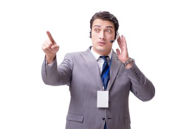 Beyaz arka plan üzerinde izole çağrı merkezi çalışanı