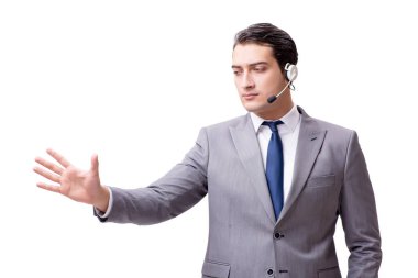 Beyaz arka plan üzerinde izole çağrı merkezi çalışanı