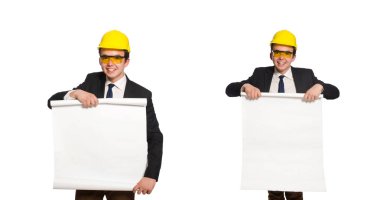 Beyaz üzerine çizimler yapan komik bir mimar.