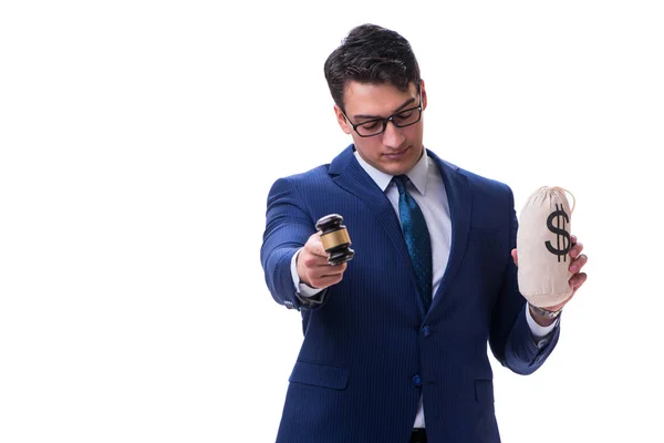 Avocat avec un marteau et un sac d'argent argent mal isolé sur blanc — Photo