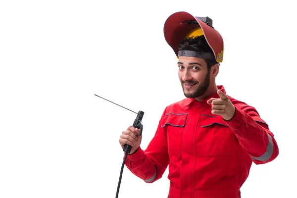 Reparador joven con un electrodo de pistola de soldadura y un casco aislado — Foto de Stock