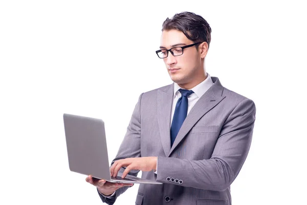 Young businessman working on laptop isolated white — Stock Photo, Image