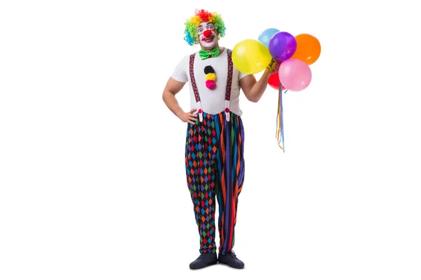 Śmieszny klaun z balonami odizolowanymi na białym tle — Zdjęcie stockowe