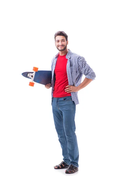 Young skateboarder with a longboard skateboard isolated on white — Stock Photo, Image