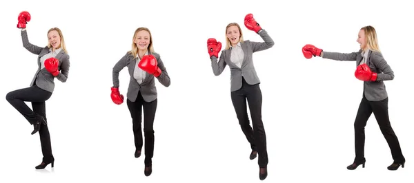 Femme d'affaires avec gants de boxe sur blanc — Photo