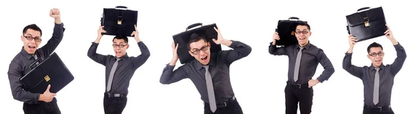 Young man holding briefcase isolated on white — Stock Photo, Image