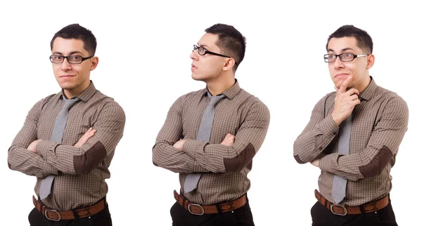 Hombre joven en camisa marrón aislado en blanco — Foto de Stock