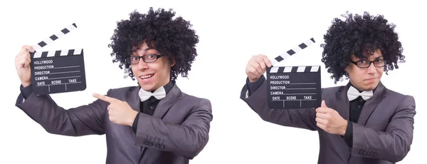 白い上に隔離された映画のクラッパーを持つ男 — ストック写真