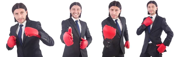 Empresario con guantes de boxeo en blanco —  Fotos de Stock