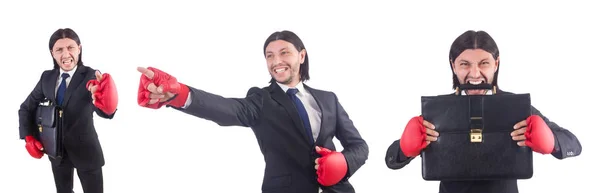 Empresario con guantes de boxeo en blanco —  Fotos de Stock