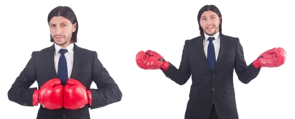 Empresario con guantes de boxeo en blanco —  Fotos de Stock