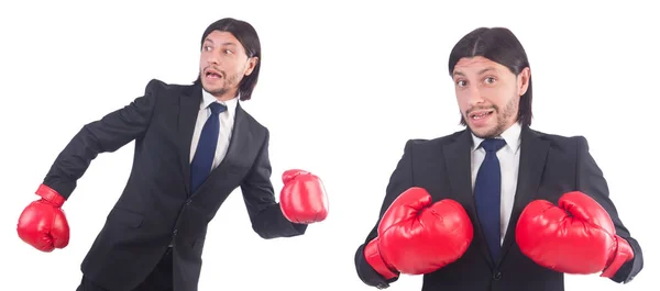 Empresario con guantes de boxeo en blanco —  Fotos de Stock