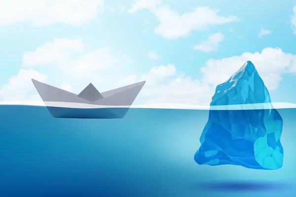 Barco de papel casi golpeando iceberg - 3d renderizado — Foto de Stock