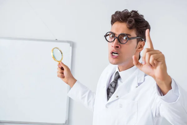 Funny doctor scientist making presentation in hospital — Stock Photo, Image