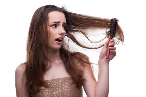 Woman in beauty concept combing hair loosig loss — Stock Photo, Image